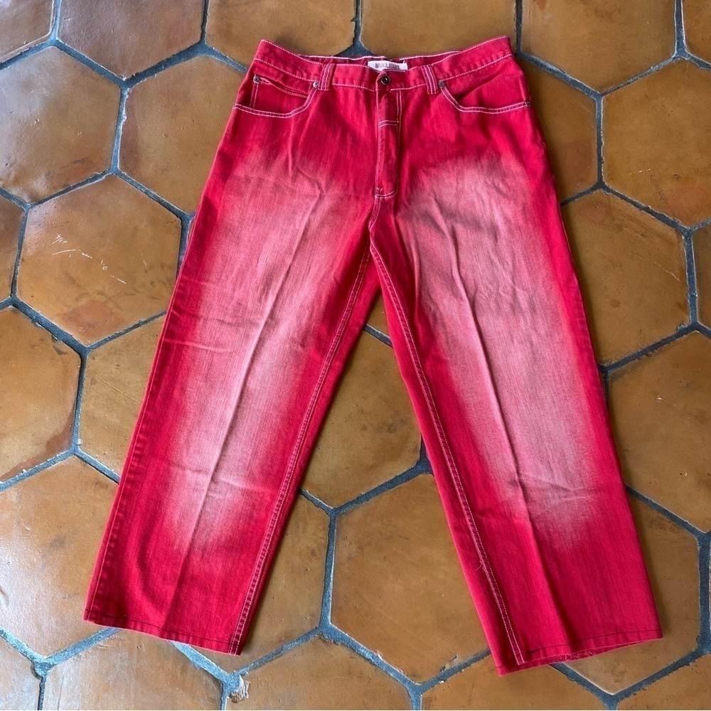 Muka Mukawear Red Distressed Wide Leg Embroidered  jeans size 38 X 30